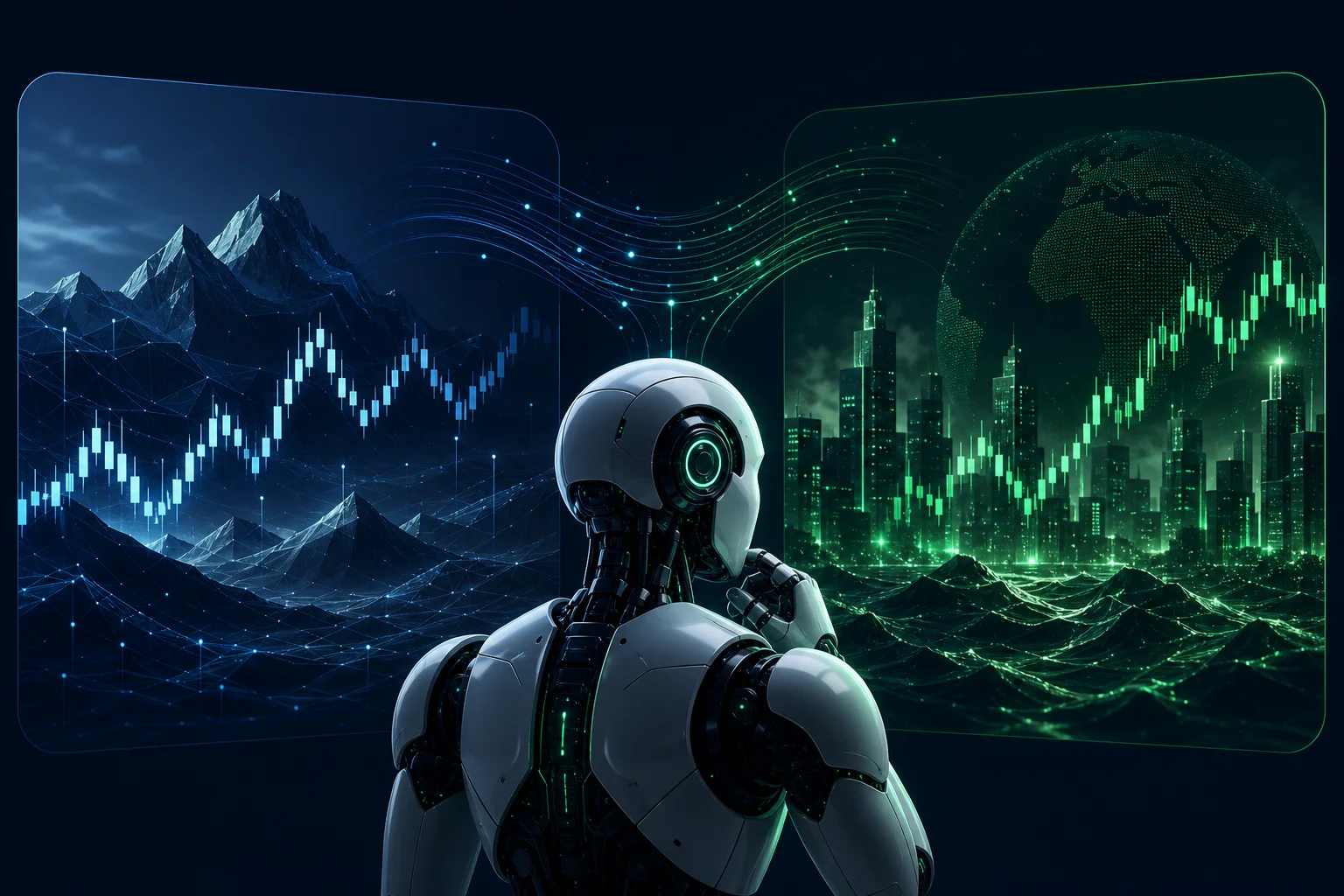 Conceptual illustration comparing historical and live execution for a Forex expert advisor with abstract data streams