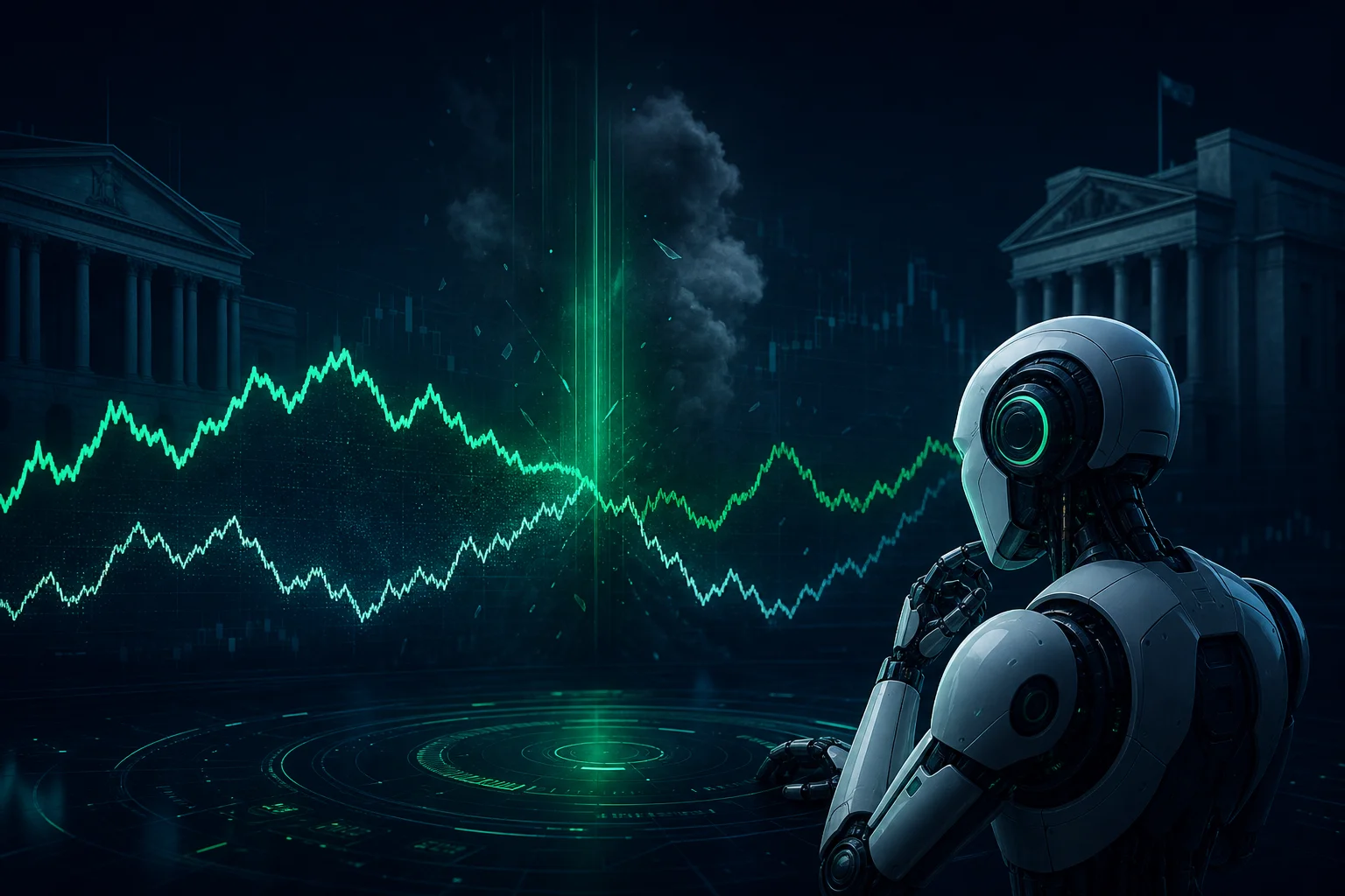 Conceptual illustration of a trading robot monitoring GBPUSD and EURGBP volatility in a dark navy and green setting.