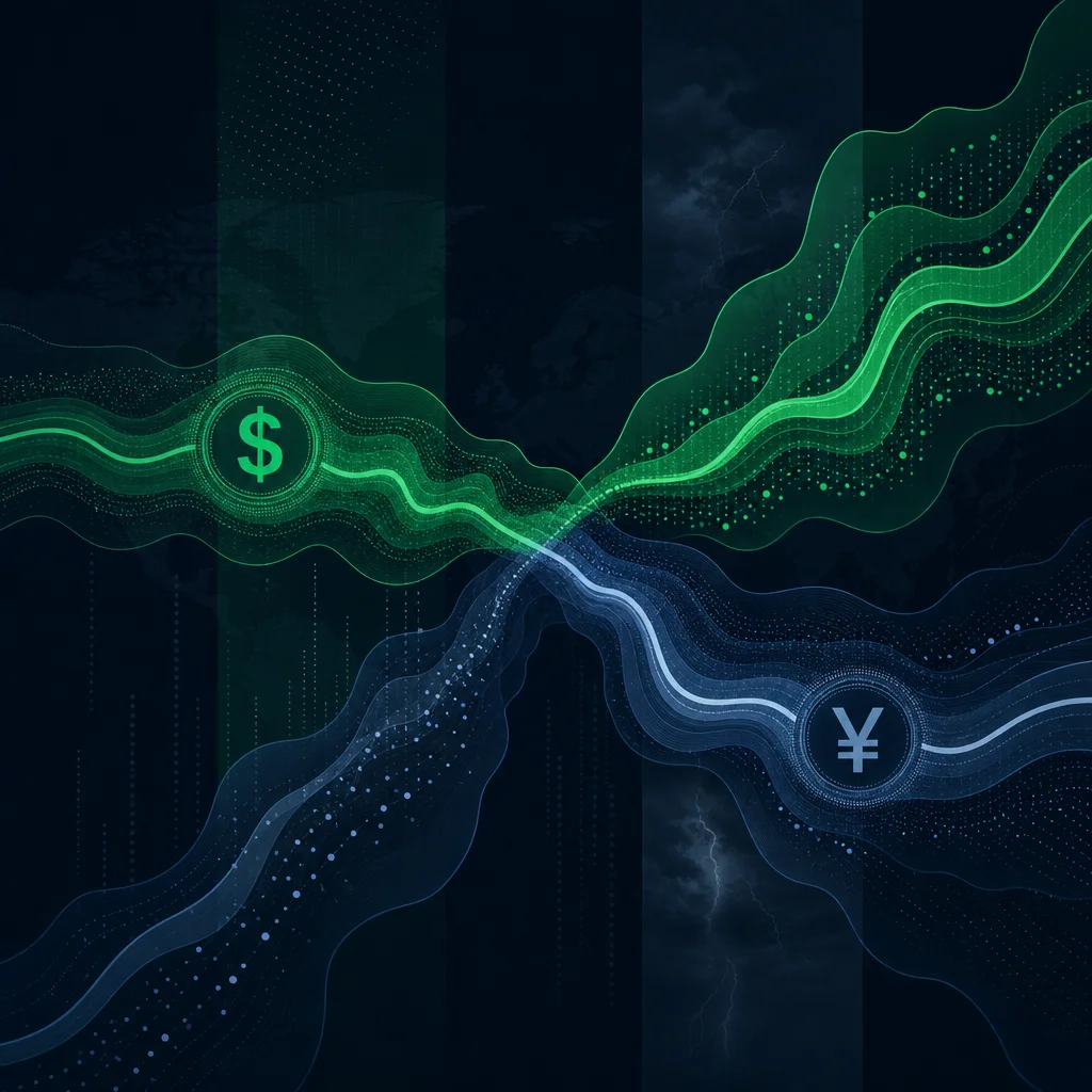 Conceptual view of volatility regimes and widening spreads around abstract price streams.