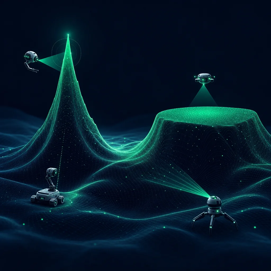 Abstract view of an optimization surface with a sharp peak and a broad stable plateau.